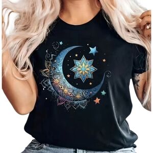 Women's Black Graphic Tee with Moon and Stars
